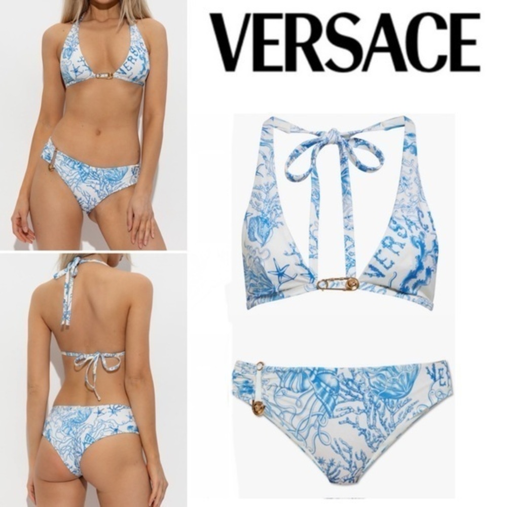 Versace Underwater Barocco Safety Pin Bikini Set Top Sz 4 Bottoms Sz 2 1014$